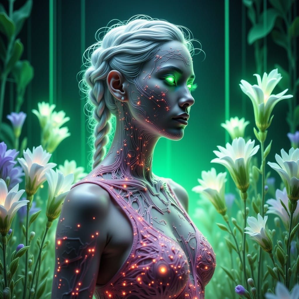 Cyborg Queen in Neon Garden: Cyberpunk Art