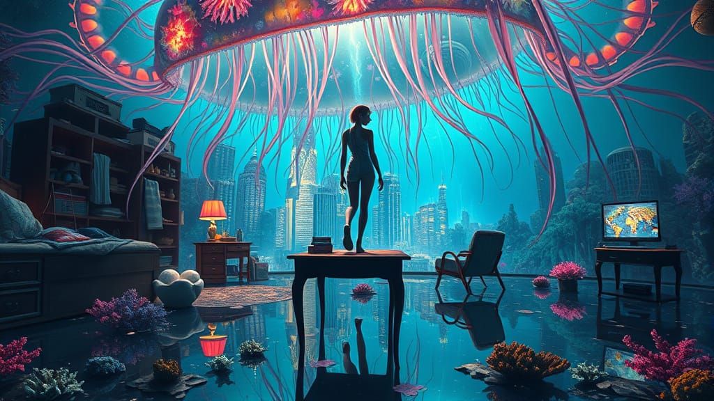 Cyberpunk Underwater City in Bioluminescent Jellyfish
