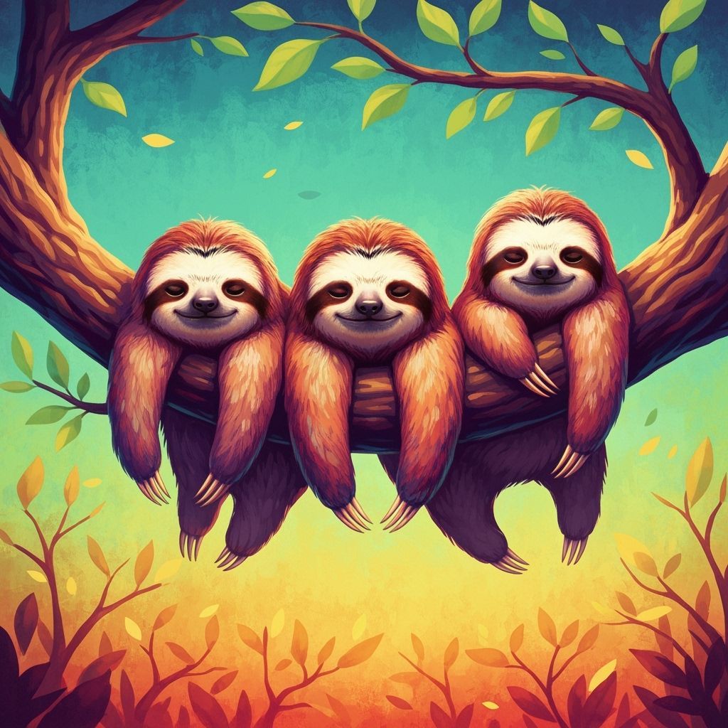 Cute Sloths on Tree Branch in Abstract Art Style