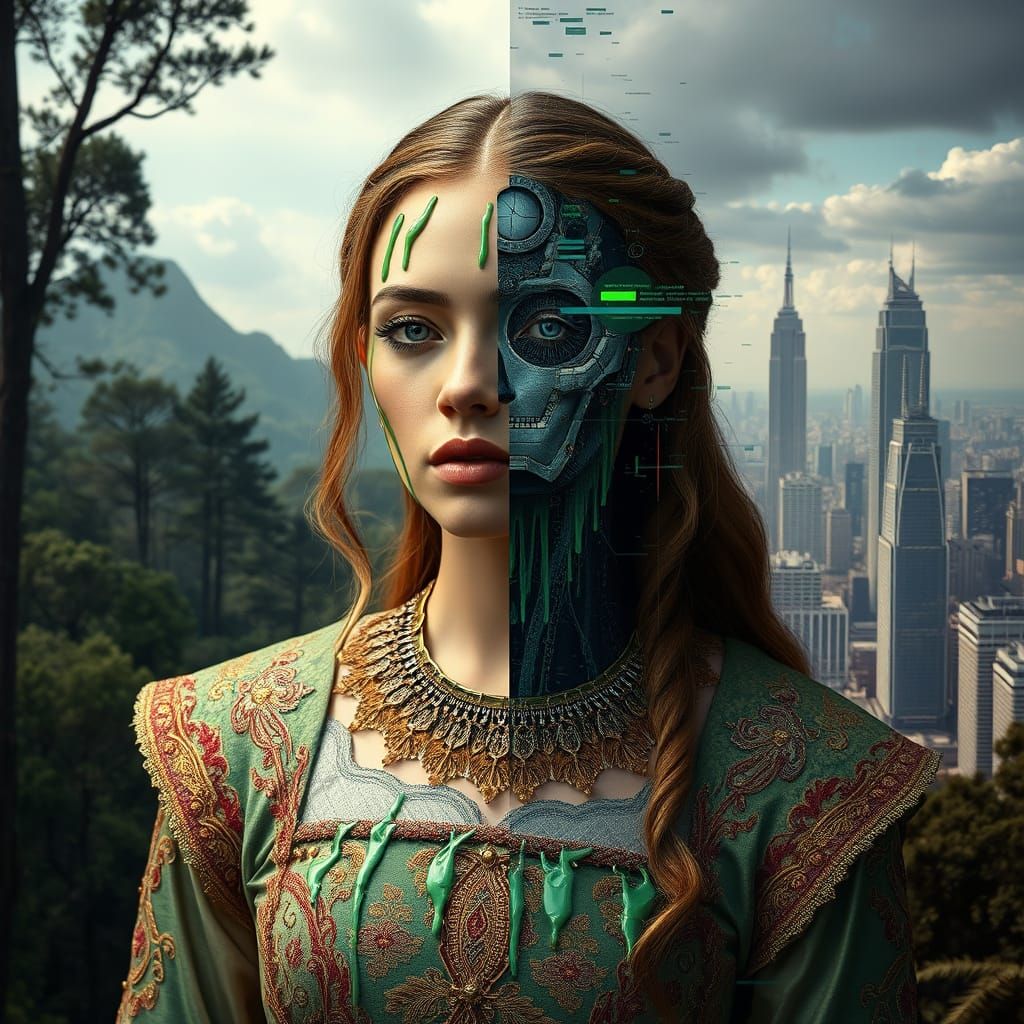 Medieval Cyberpunk Woman Portrait in Hyperrealism Style