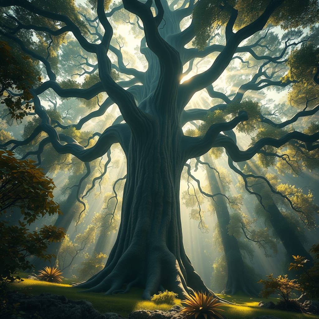 Mystical Tree in Enchanted Forest: Detailed Matte Painting