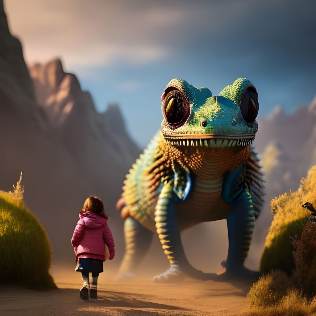 Giant Chameleon and Tiny Friend: Detailed Landscape Art