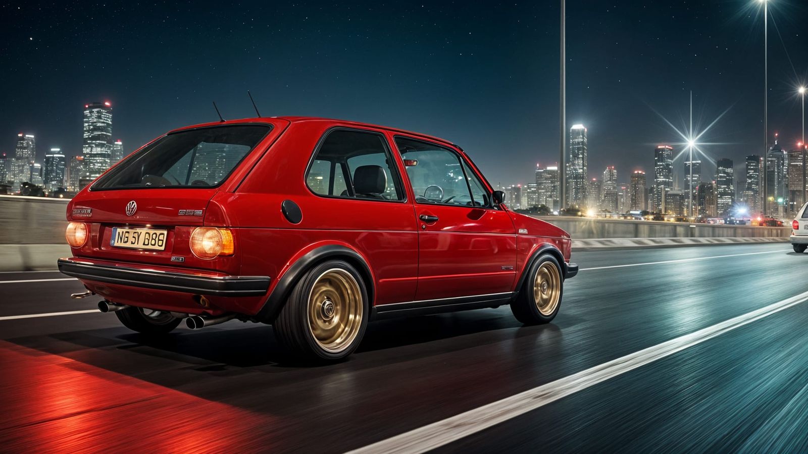 A red Volkswagen MK2 GTI with gold BBS mag wheels, low speed...