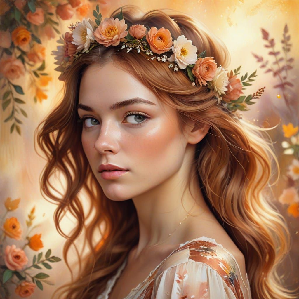 Woman with Floral Crown in Oil Painting Style