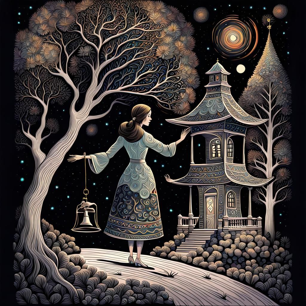 Woman Ringing Bell in Folk Art Style