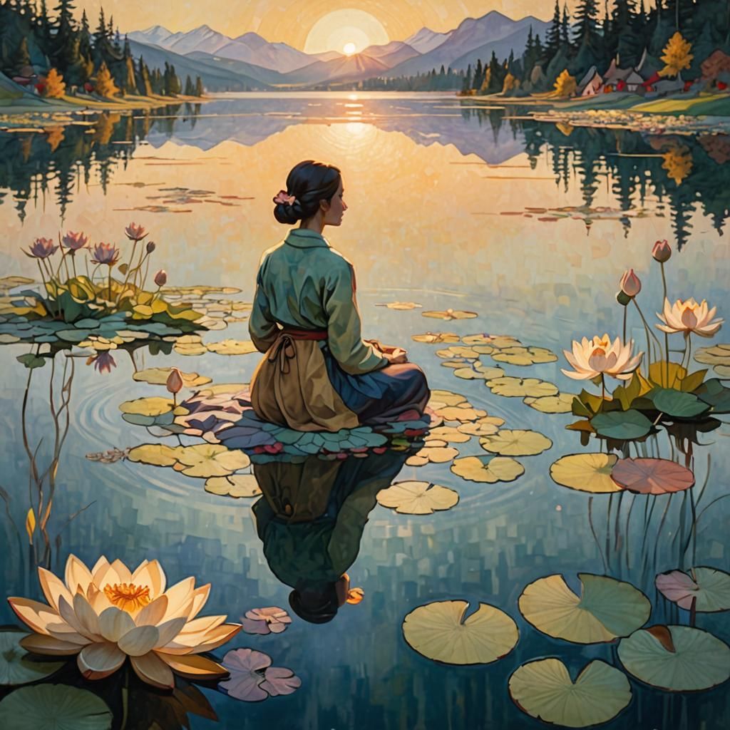 Sunset Lakeside Gathering with Lotus Flowers