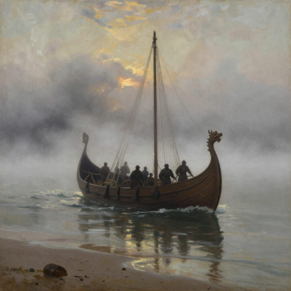Viking Longship in Misty Morning Oil Painting