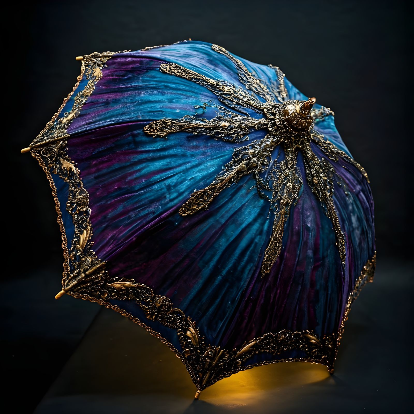 A Steampunk Dream: Cobalt Velvet Umbrella with Brass Accents