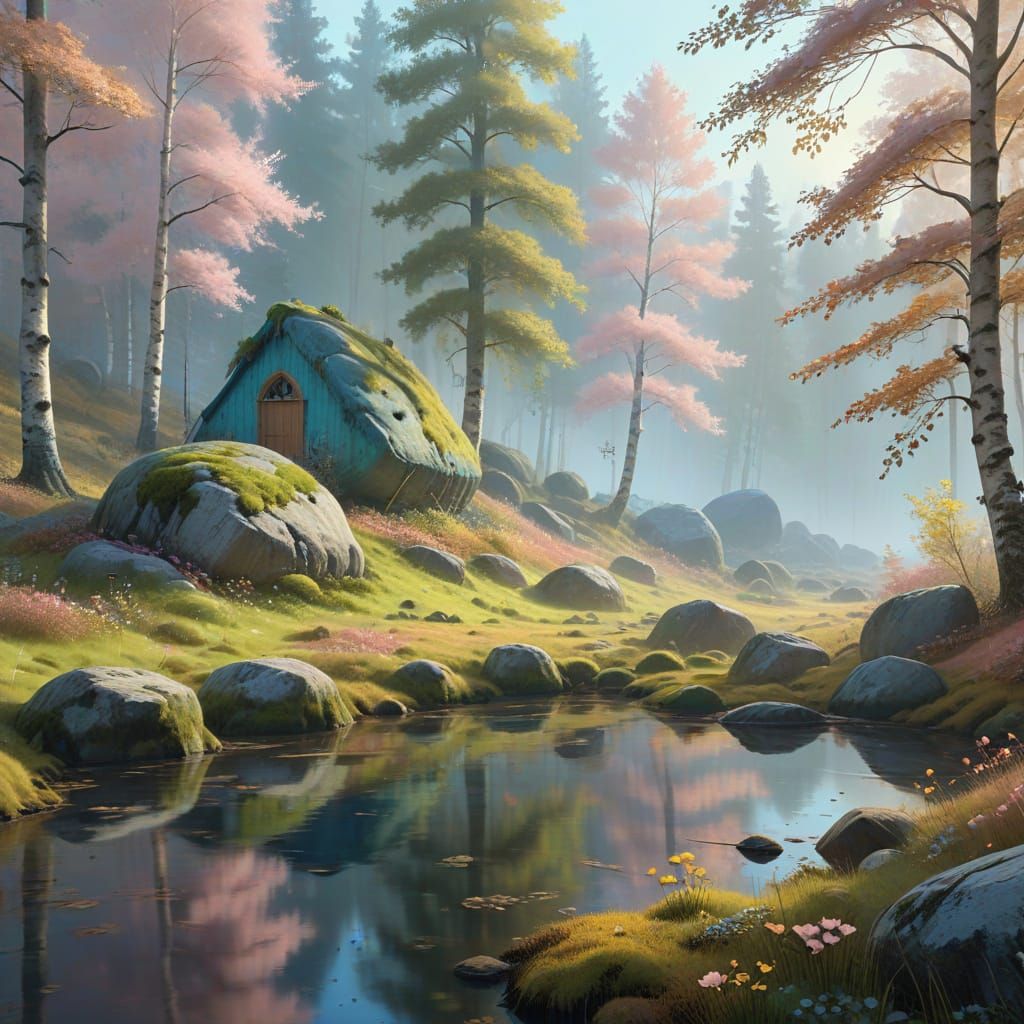 Foggy Birch Forest: A Digital Painting in Soft Colors