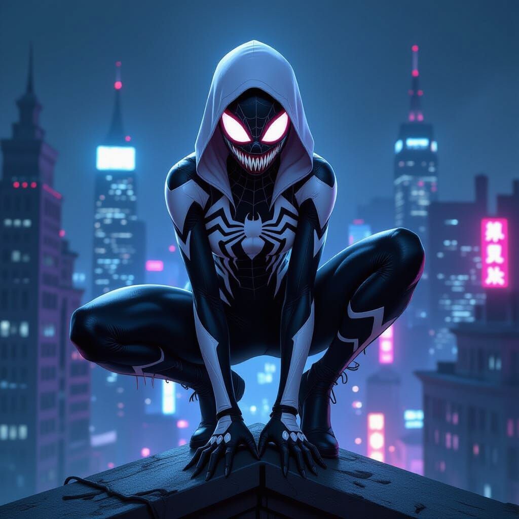 Spider-Gwen Fused With Venom on Cyberpunk Rooftop