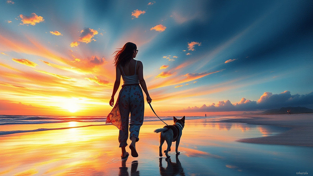 Woman and Dog on Beach in Watercolor Style