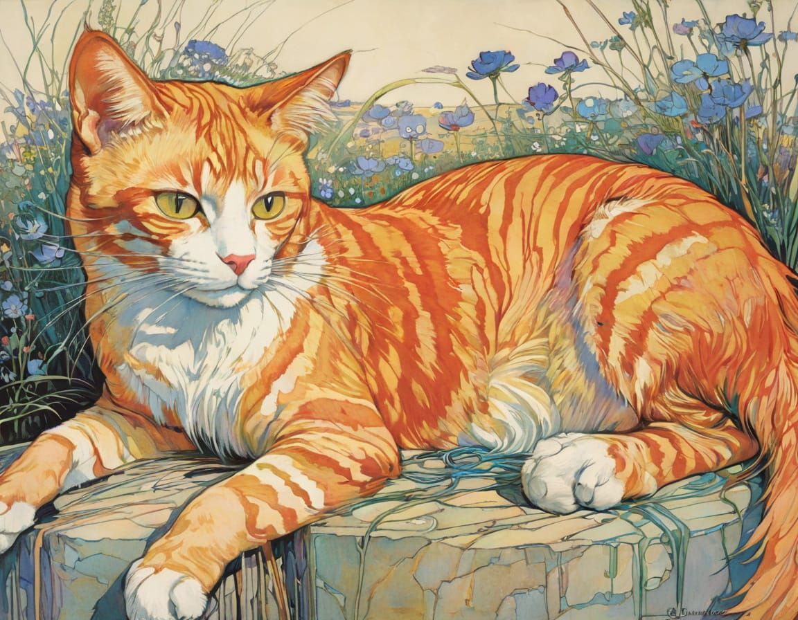 Intense Orange Cat Art in Triadic Colors