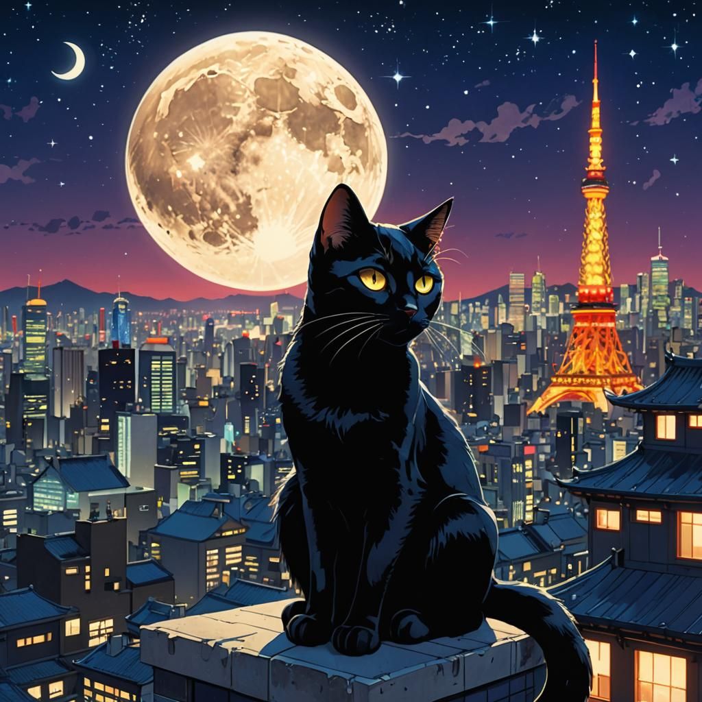 Luna the Cat Overlooking Futuristic Cityscape