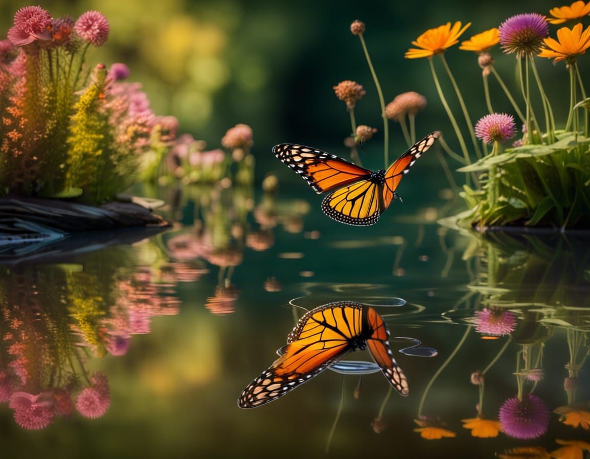 Monarch Butterfly Reflecting Over Wildflower Pond