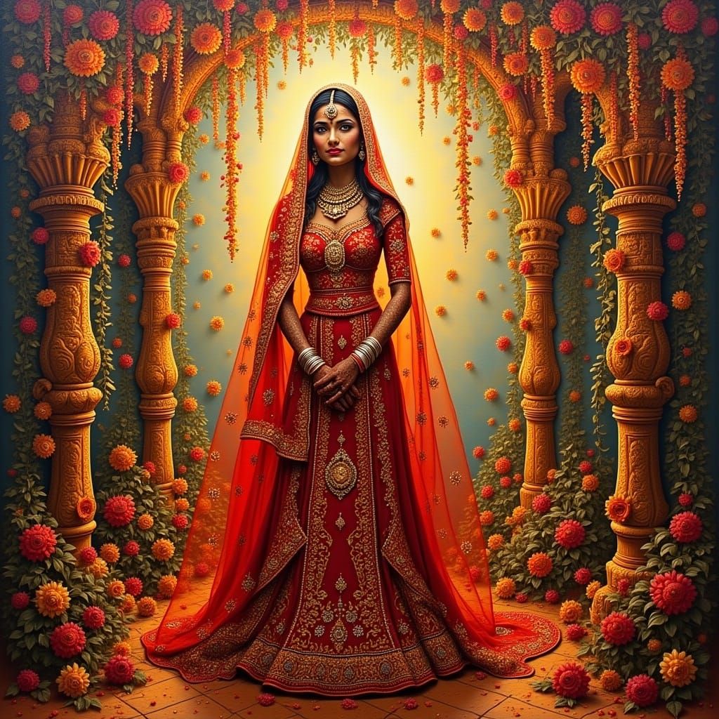 Serenely Elegant Indian Bride in a Vibrant Floral Mandap