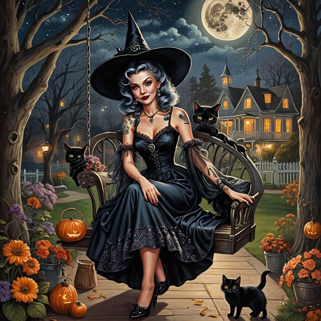 Retro Witch on a Porch Swing, Oil Painting