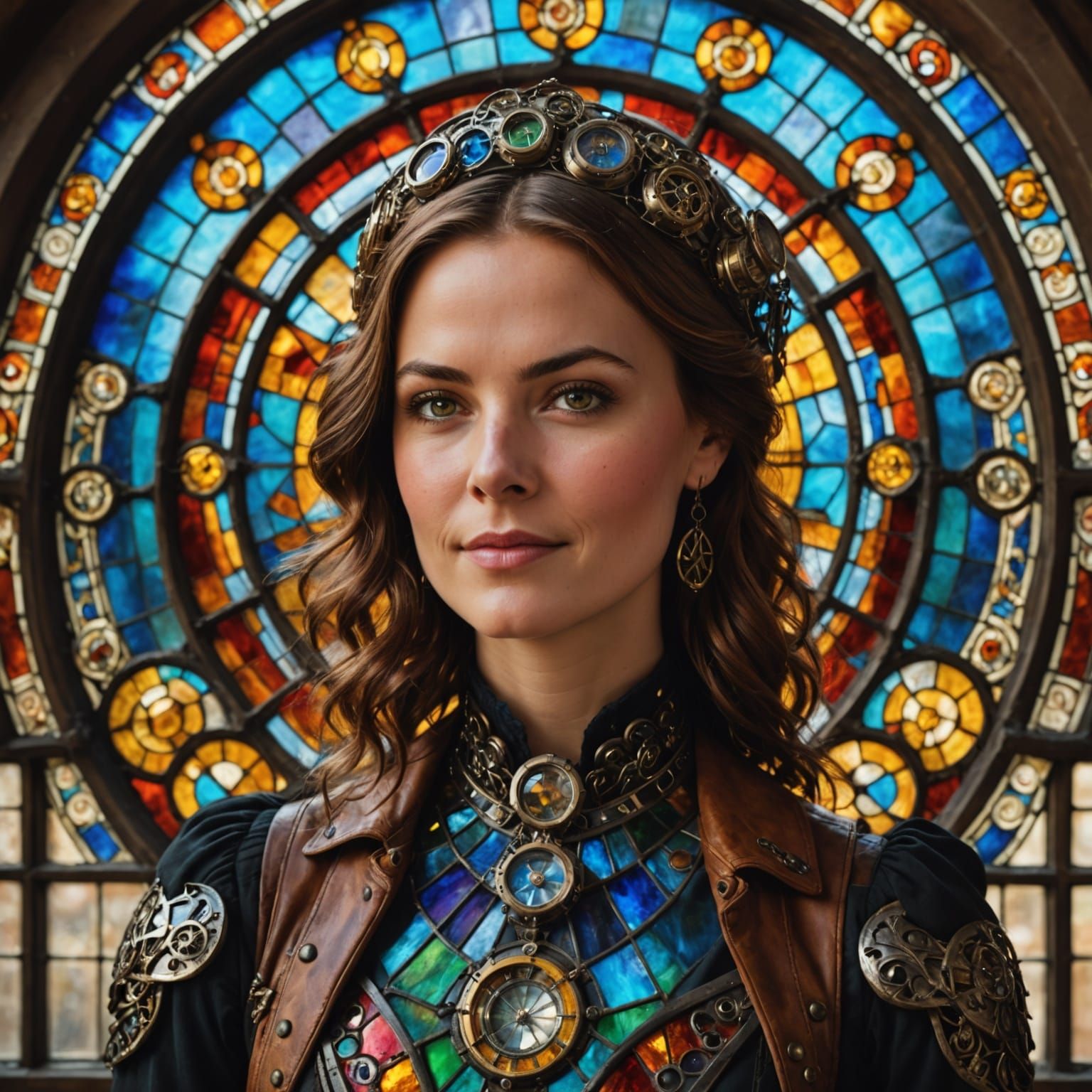 Steampunk Woman Standing Proud in Front of Vibrant Stained G...