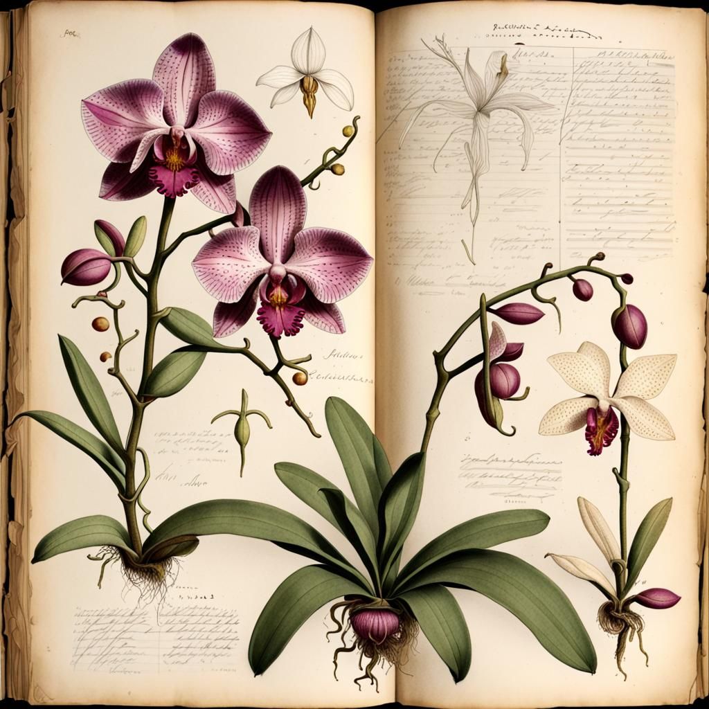 Orchid Botanical Drawing in Vintage Herbarium Book
