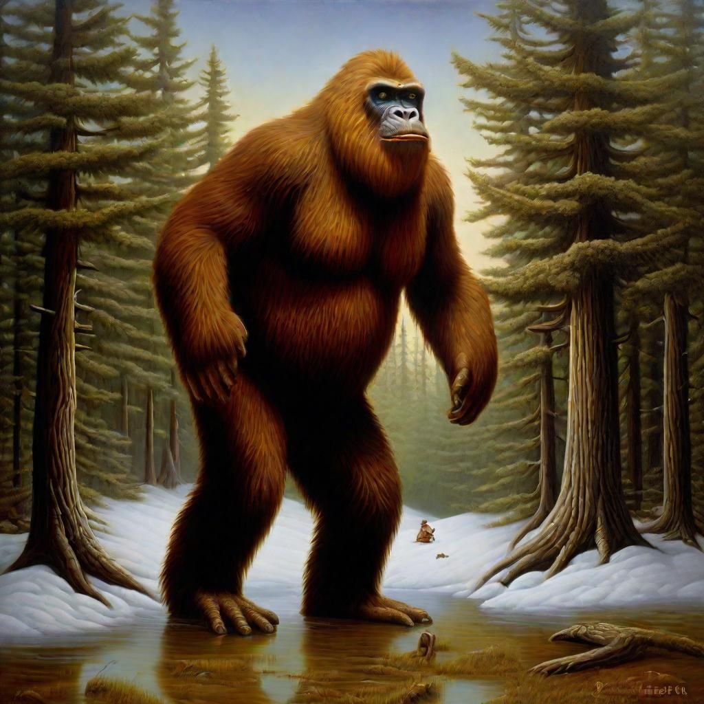 Surreal Bigfoot Roaming in Hyperdetailed Oil Gouache