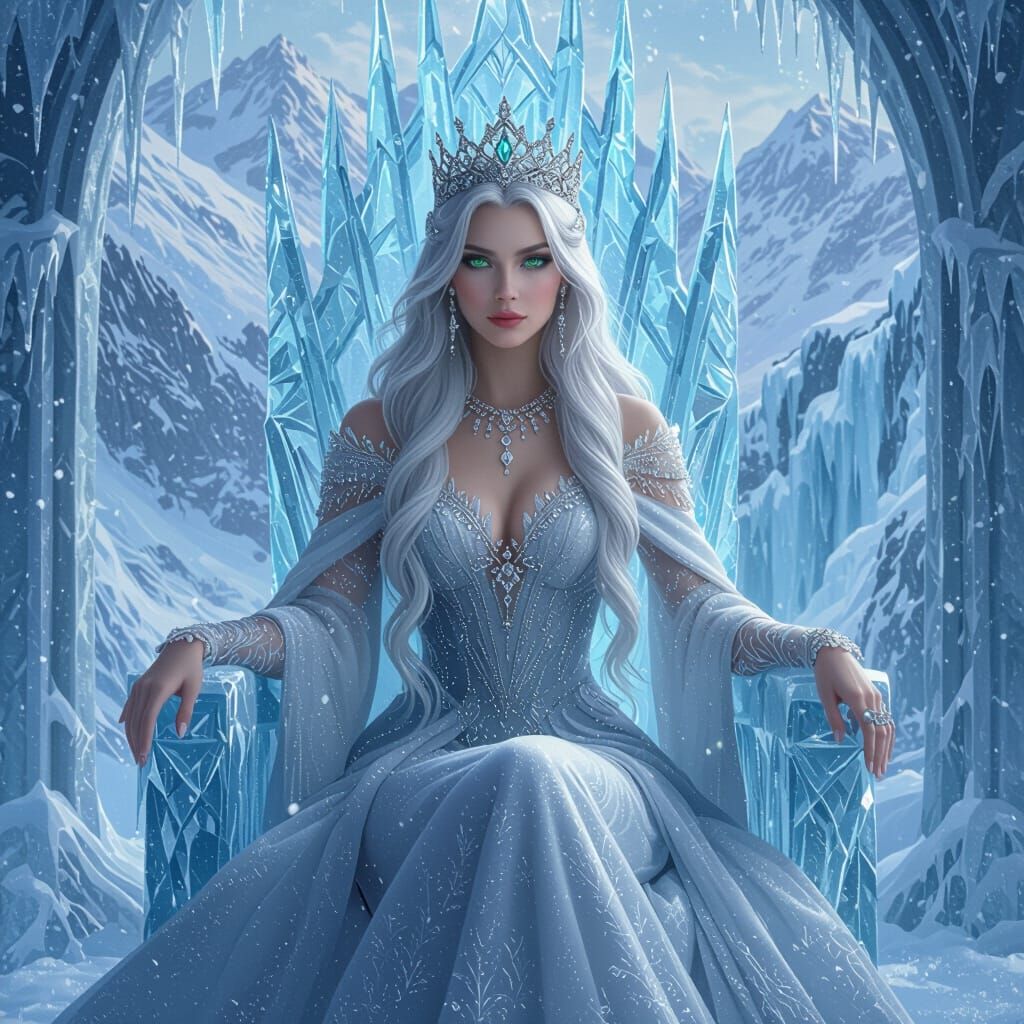 Ice Queen on Frozen Throne in Winter Wonderland