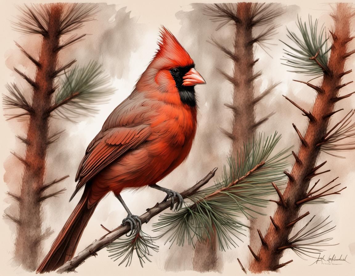Cardinal on Pine: Impressionistic Pencil Sketch