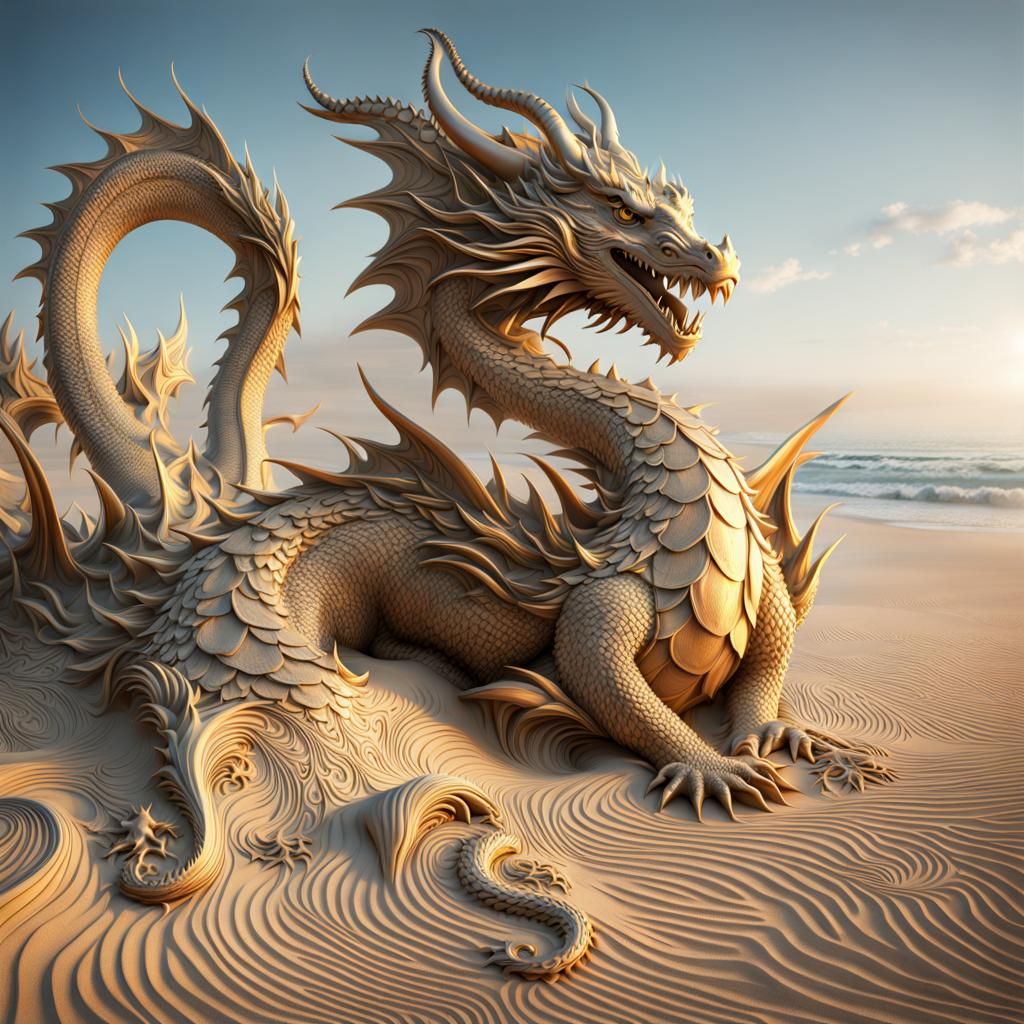 Dragon Rising from Sandy Beach in 3D