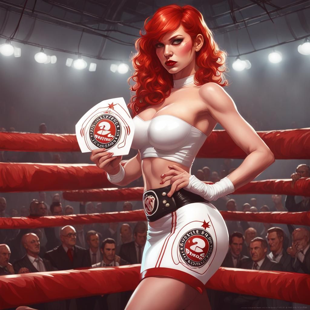 Redhead Ring Girl in Latex Outfit, Arena Lighting