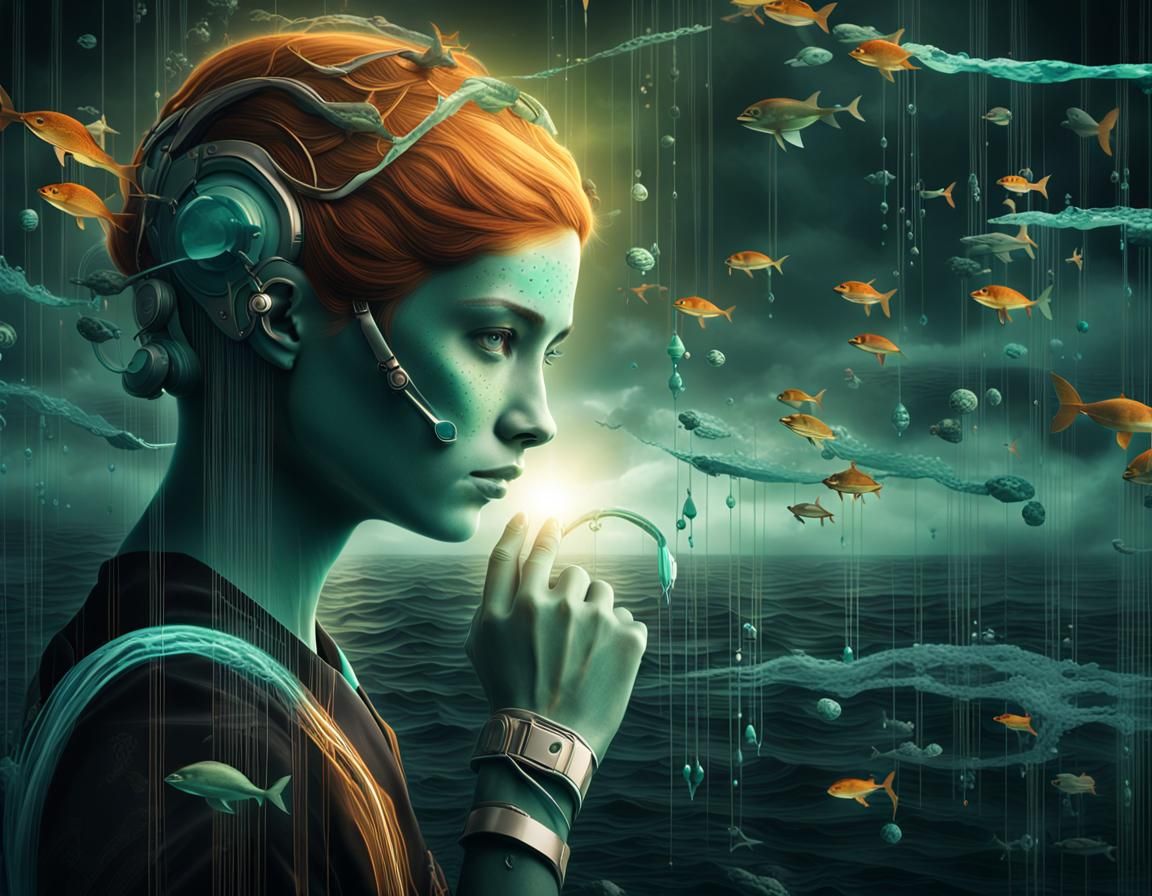 Aqua Cyborg in Retro-Futuristic Landscape, Alcohol Ink Art