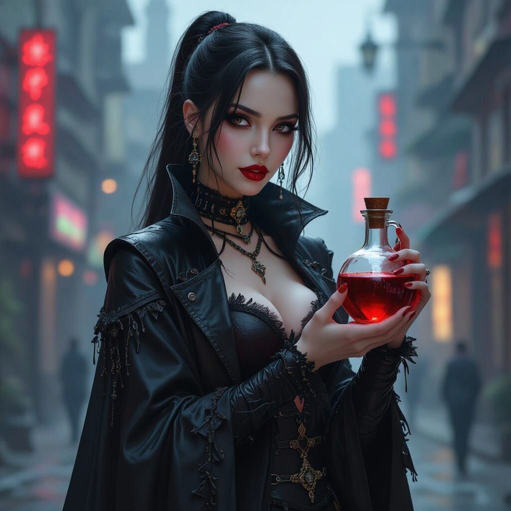 Gothic Vampire in Cyberpunk World with Blood Vial
