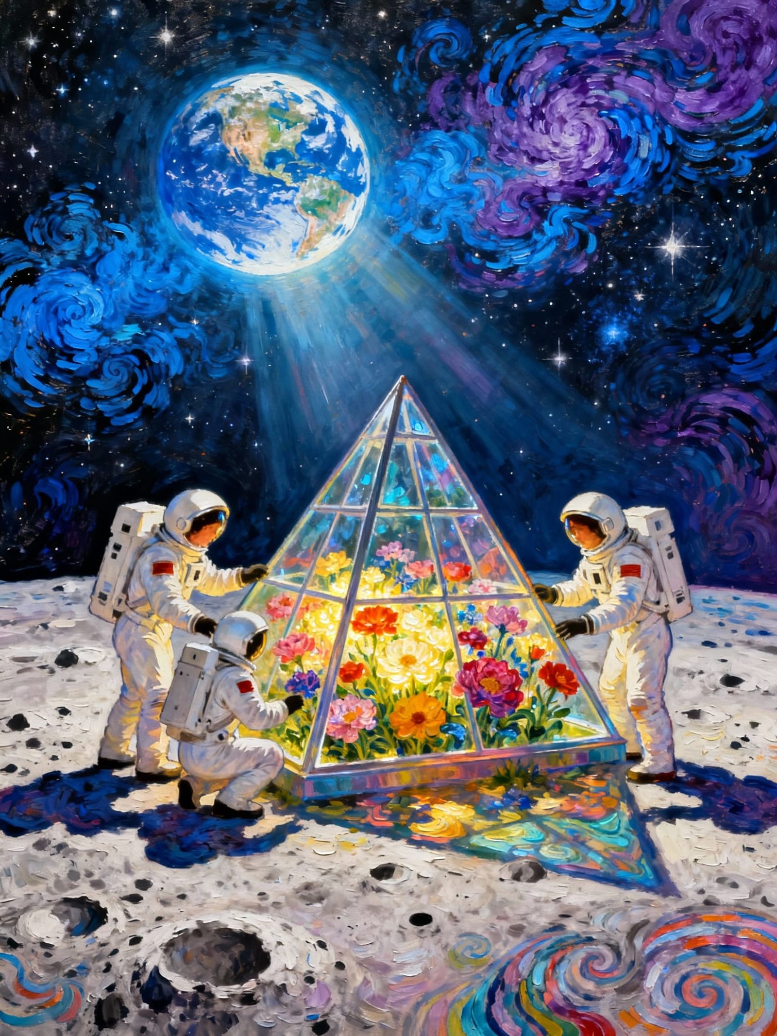 Astronauts Tend Lunar Greenhouse in Surreal Art Nouveau Styl...