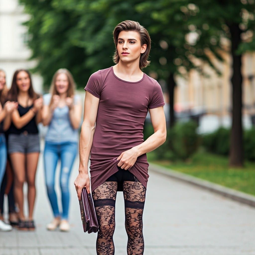 Vulnerable Youth in Elegant Dress, Embarrassed yet Beautiful