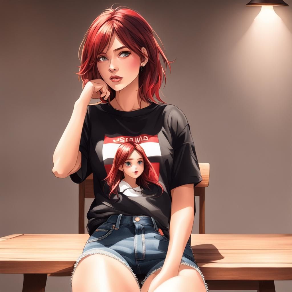 Girl with Red-Tipped Brown Hair at Table