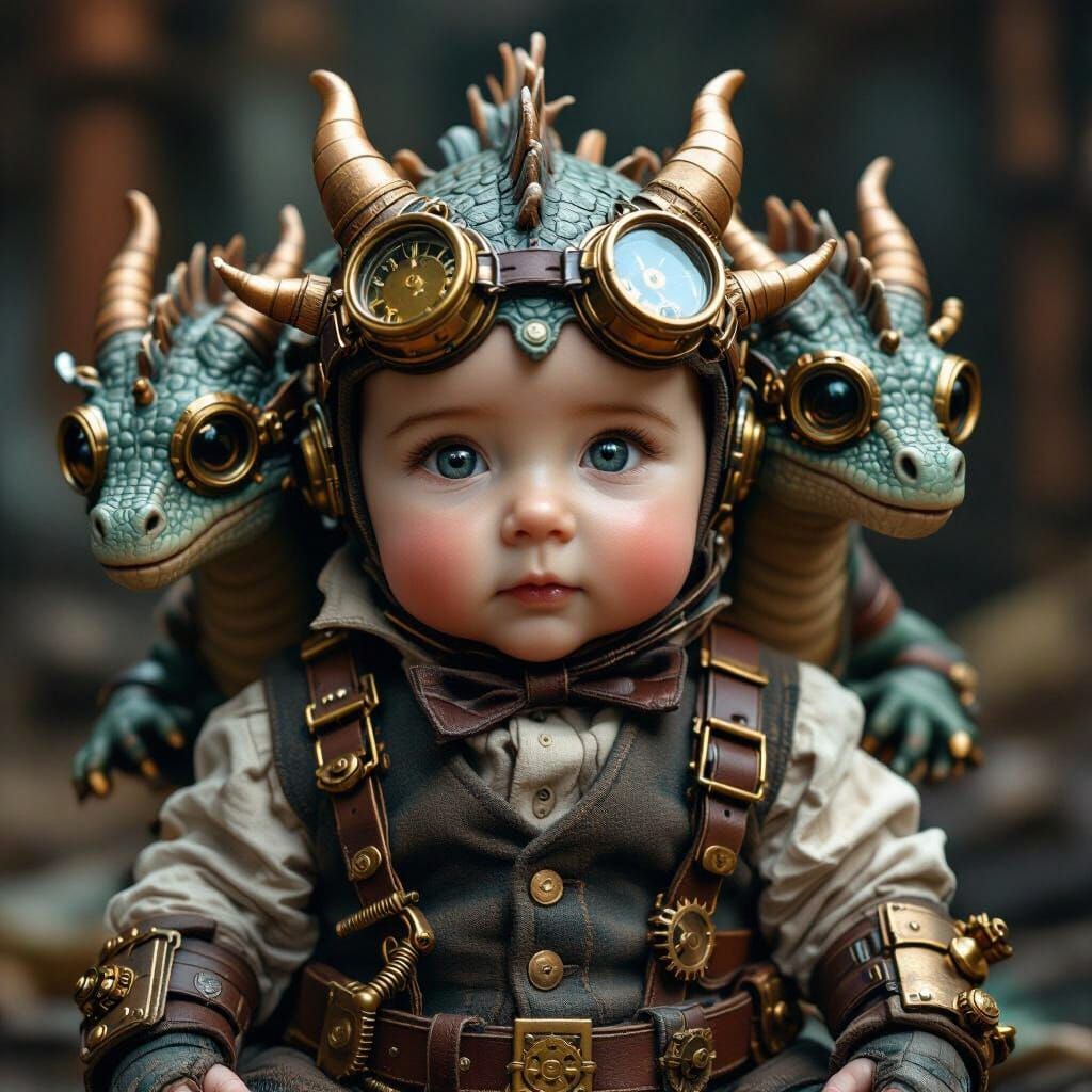 Steampunk Baby Hydra in Detailed Outfit