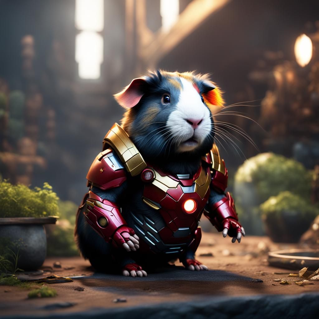 Guinea Pig in Iron Man Suit, Detailed Digital Painting