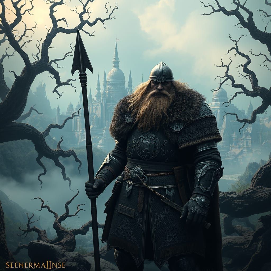 Viking Warrior Stands Heroically in Mystical Forest