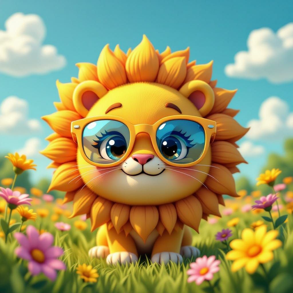 Cute Sun Character with Blue Glasses in Garden