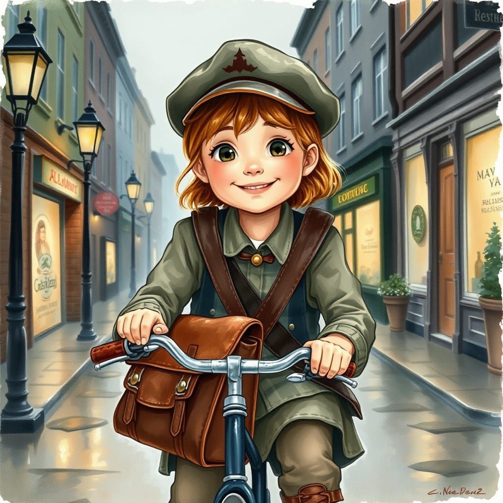 Watercolor Whimsy: Young Girl on Vintage Bicycle in Rainy St...