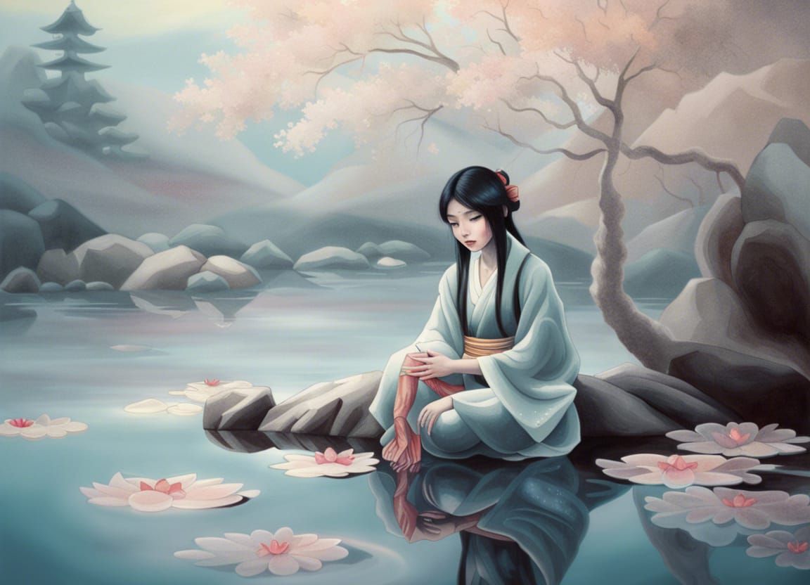 Japanese Girl in Frozen Zen Garden, Hyperrealistic Style