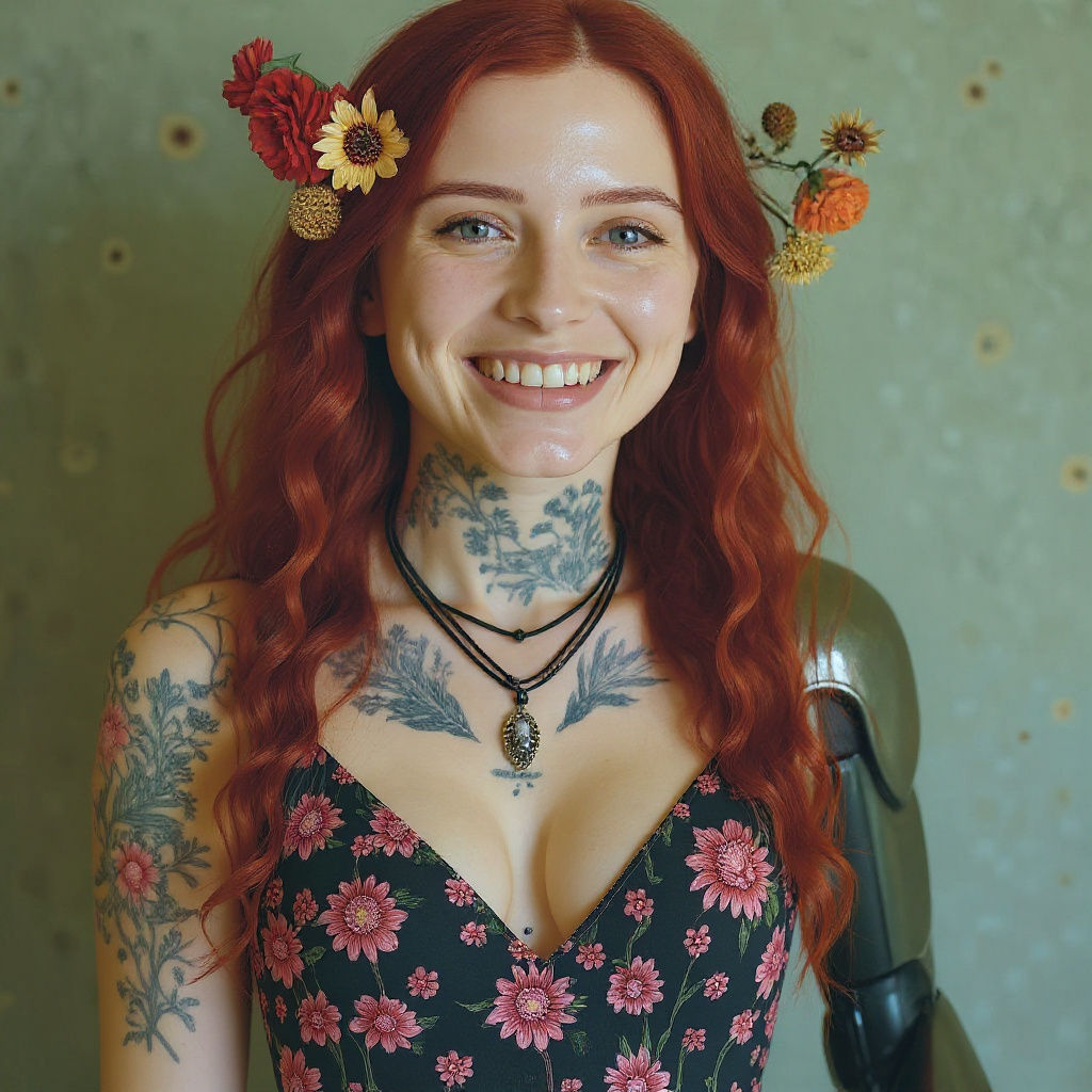 Cyborg Girl with Flowers and Red Hair