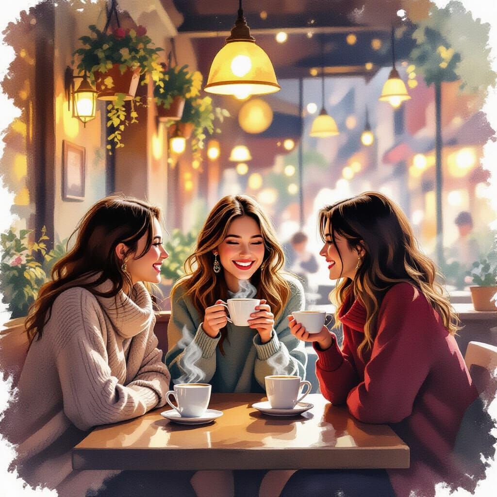 Friends Enjoying Coffee in Cozy Evening Cafe