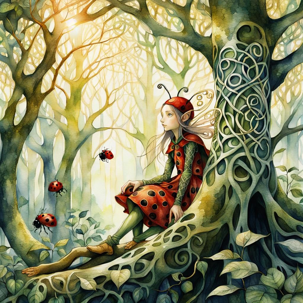 Ladybug Girl in Whimsical Elf Forest Illustration