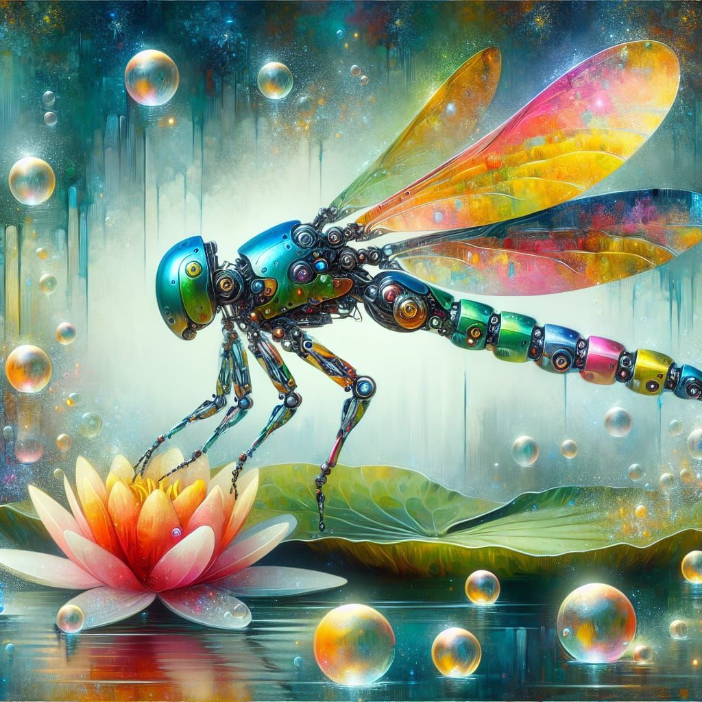 Cybernetic Dragonfly on Lily Pad, Watercolor Style