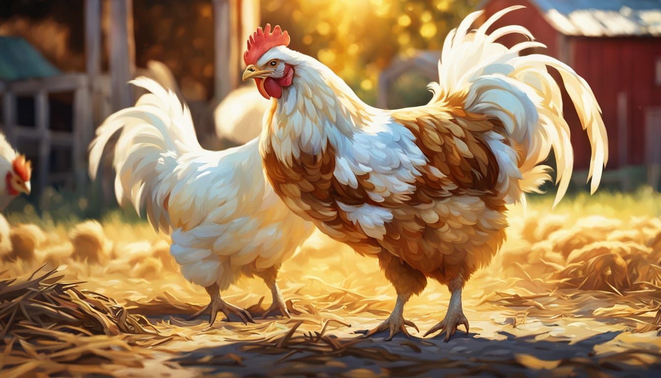 Fluffy Chicken in Sunny Farmyard Oil Painting