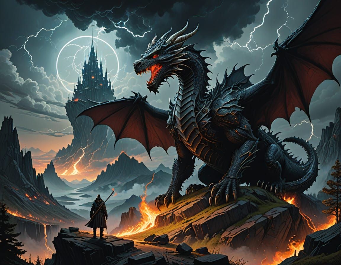 Epic Wizard Confronts Fiery Dragon in a Turbulent Fantasy La...