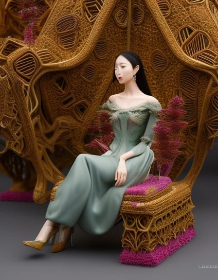 Woman in Fairytale Cannabis Chair, Vivid Colors