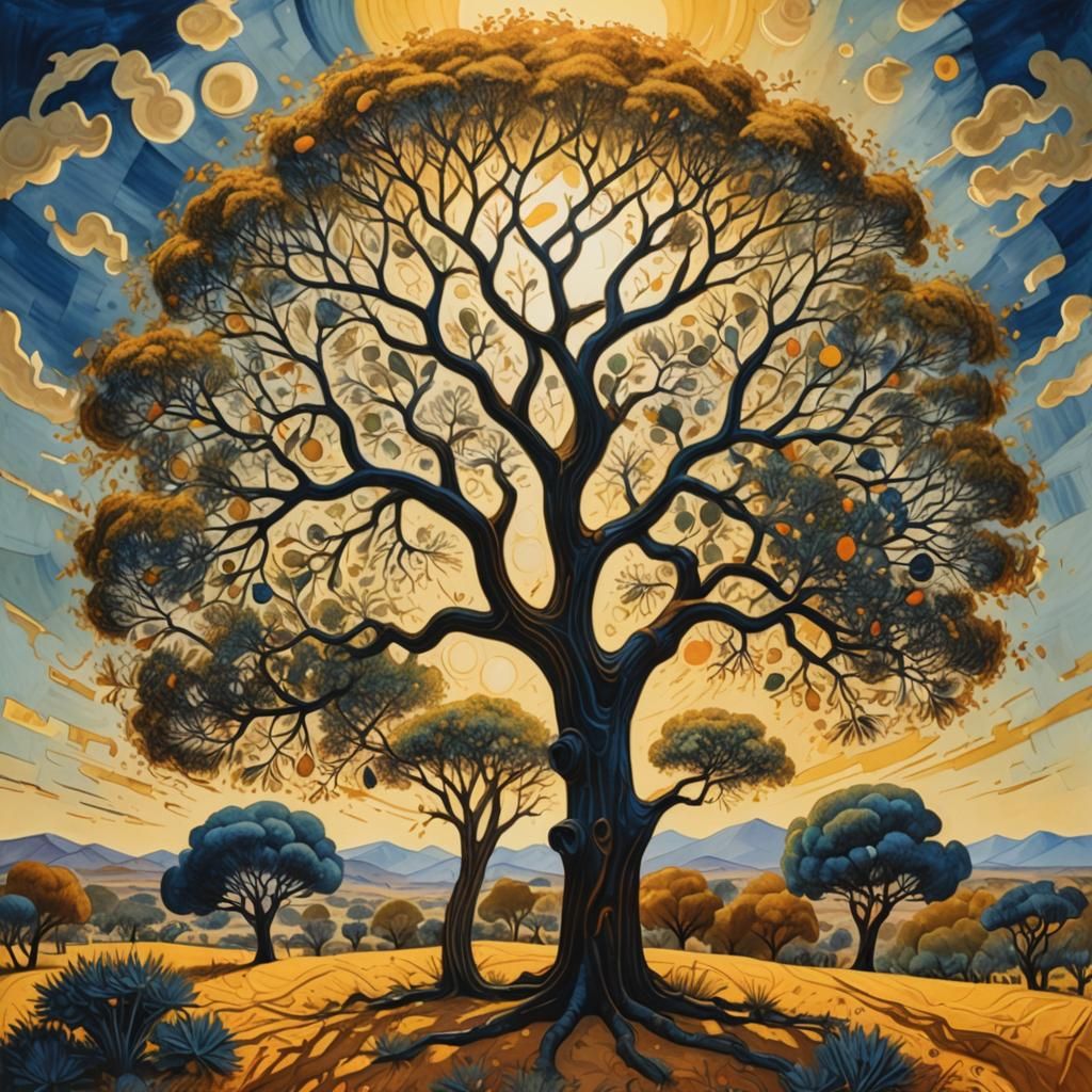 Surrealist Savannah with Acacia Tree, Joan Miro Style