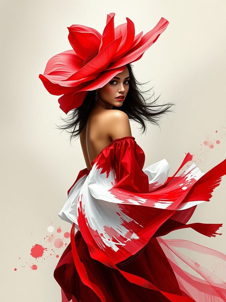 Woman in Elegant Pose with Vibrant Red Flower, Digital Paint...