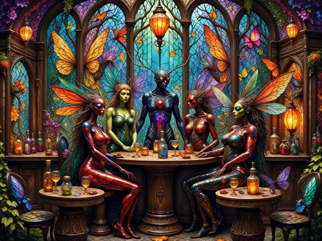 Insectoid Beings Gather in Whimsical Fantasy Tavern