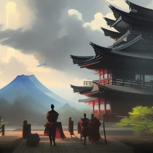 Samurai at Temple: Dark Fantasy Art in 8K