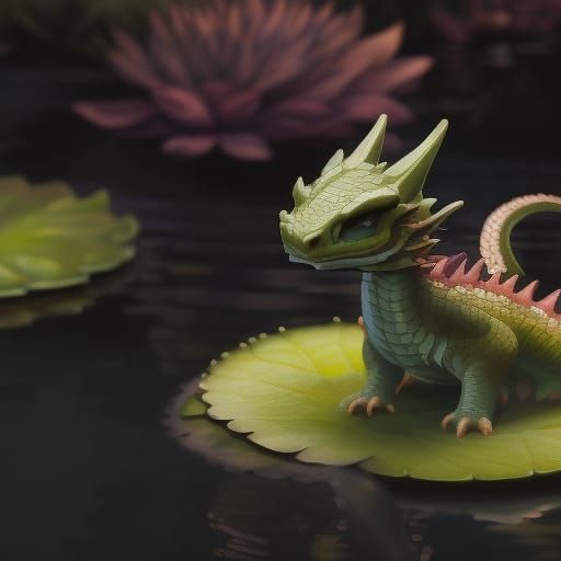 Adorable Chibi Dragon on Lilypad: Hyperrealistic Anime CGI